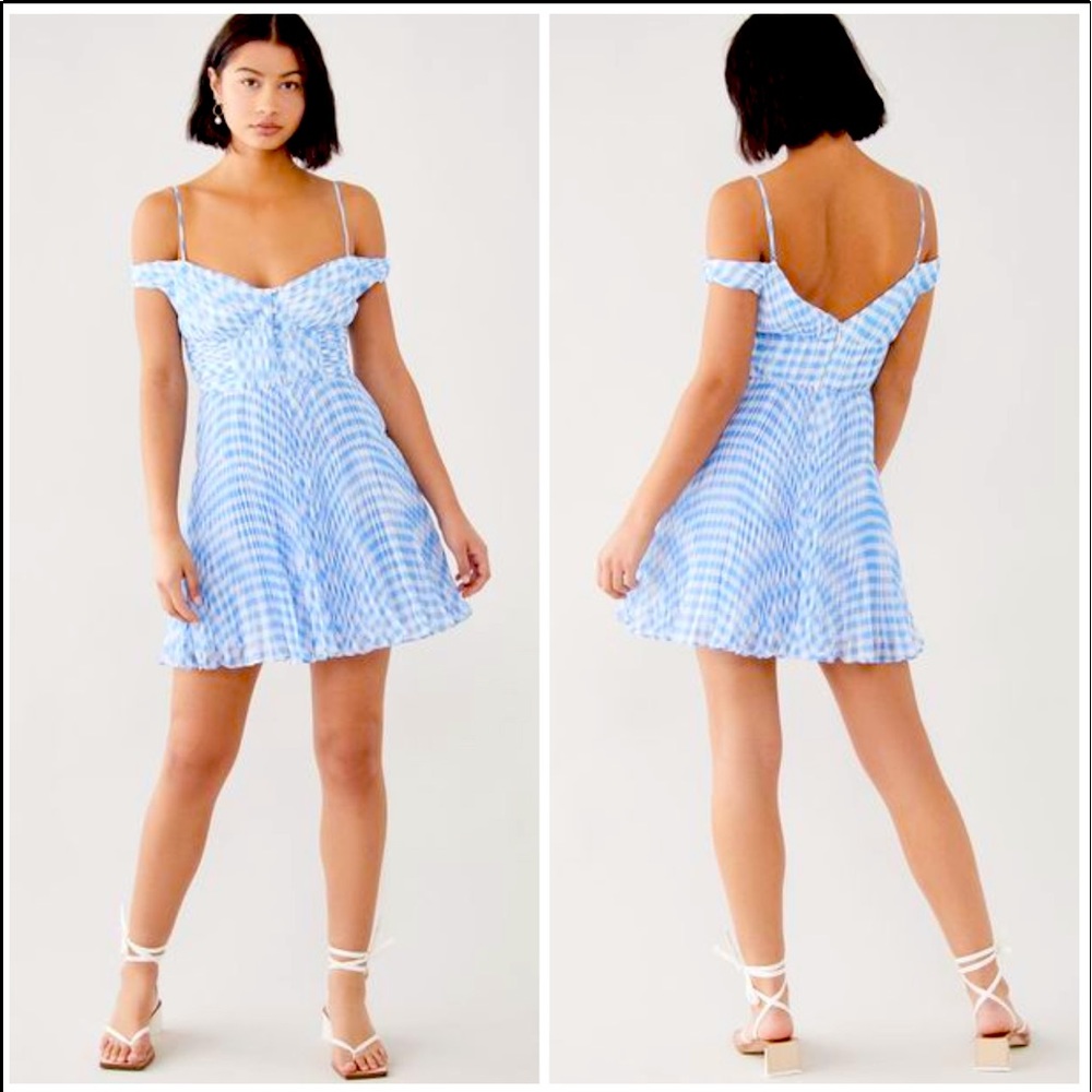 NWT! Self-Portrait Blue Gingham Off Shoulder Mini Dress Size 10
